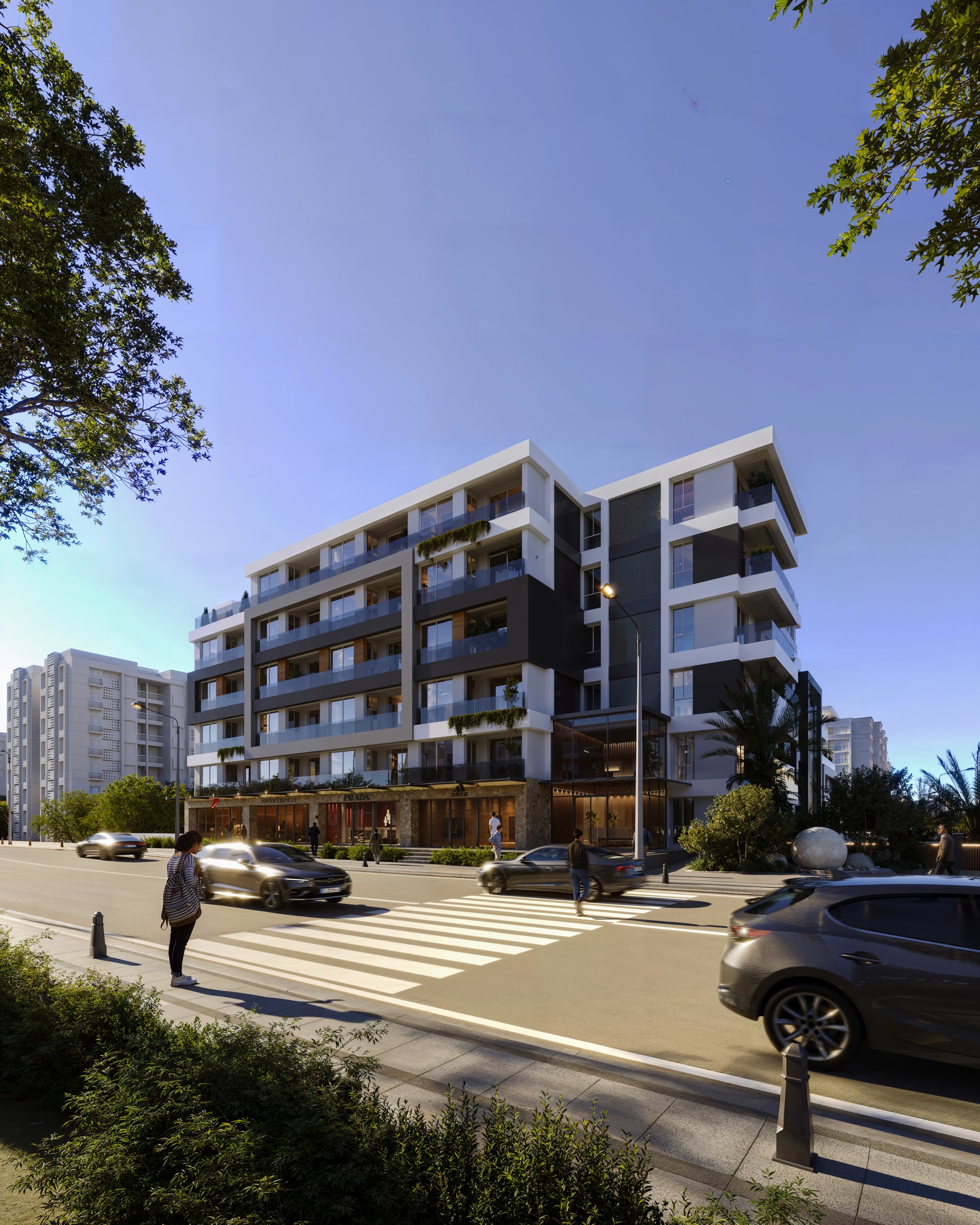 Modern konut projesinde peyzaj ve cephe ilişkisini gösteren dış cephe render hizmeti
